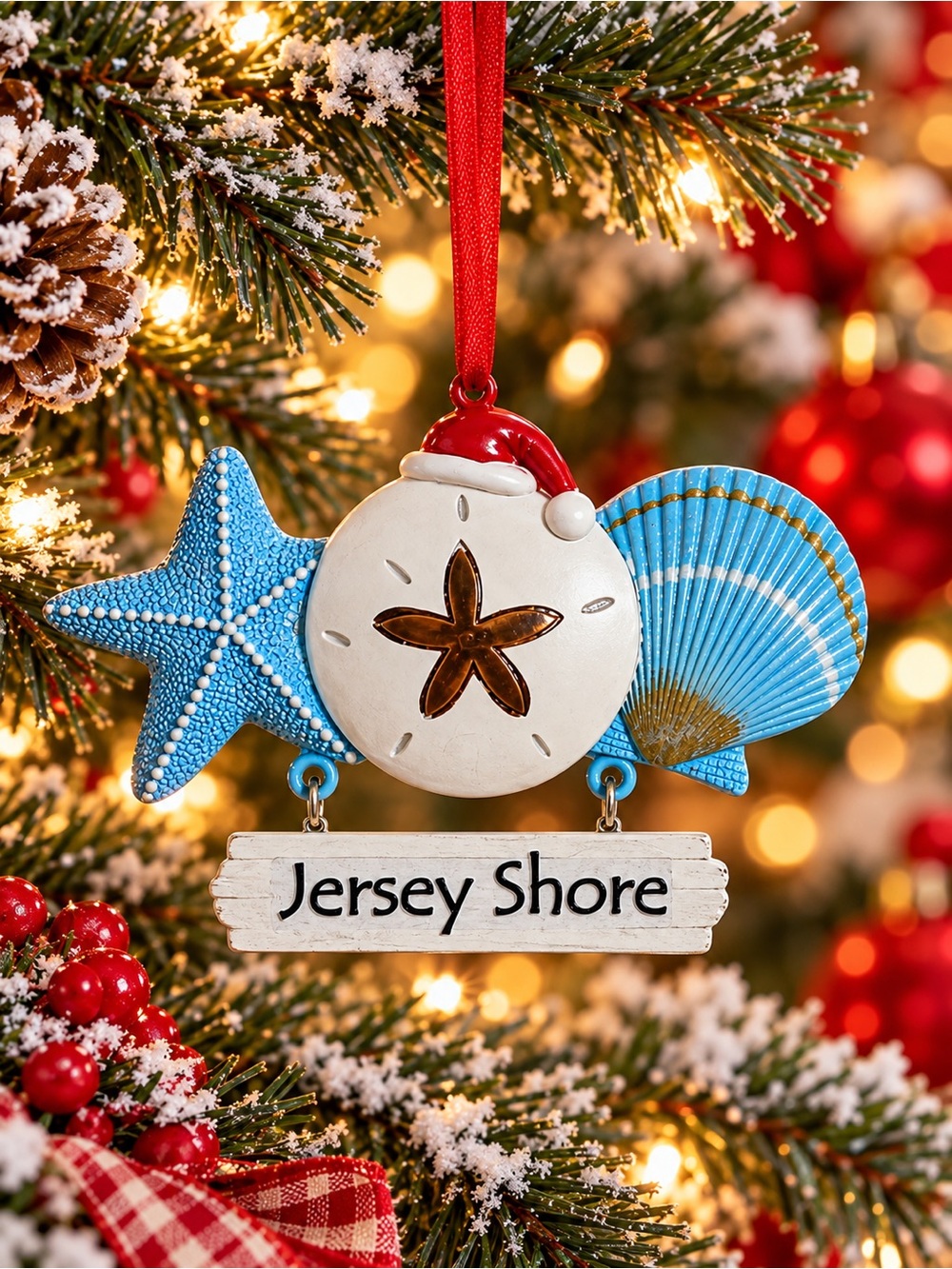 Jersey Shore Blue Coastal Ornament with Red Ribbon